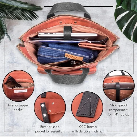 ORNA'S • Red Cognac Leather Backpack Bag Chic Contemporary - Picture 3 of 6